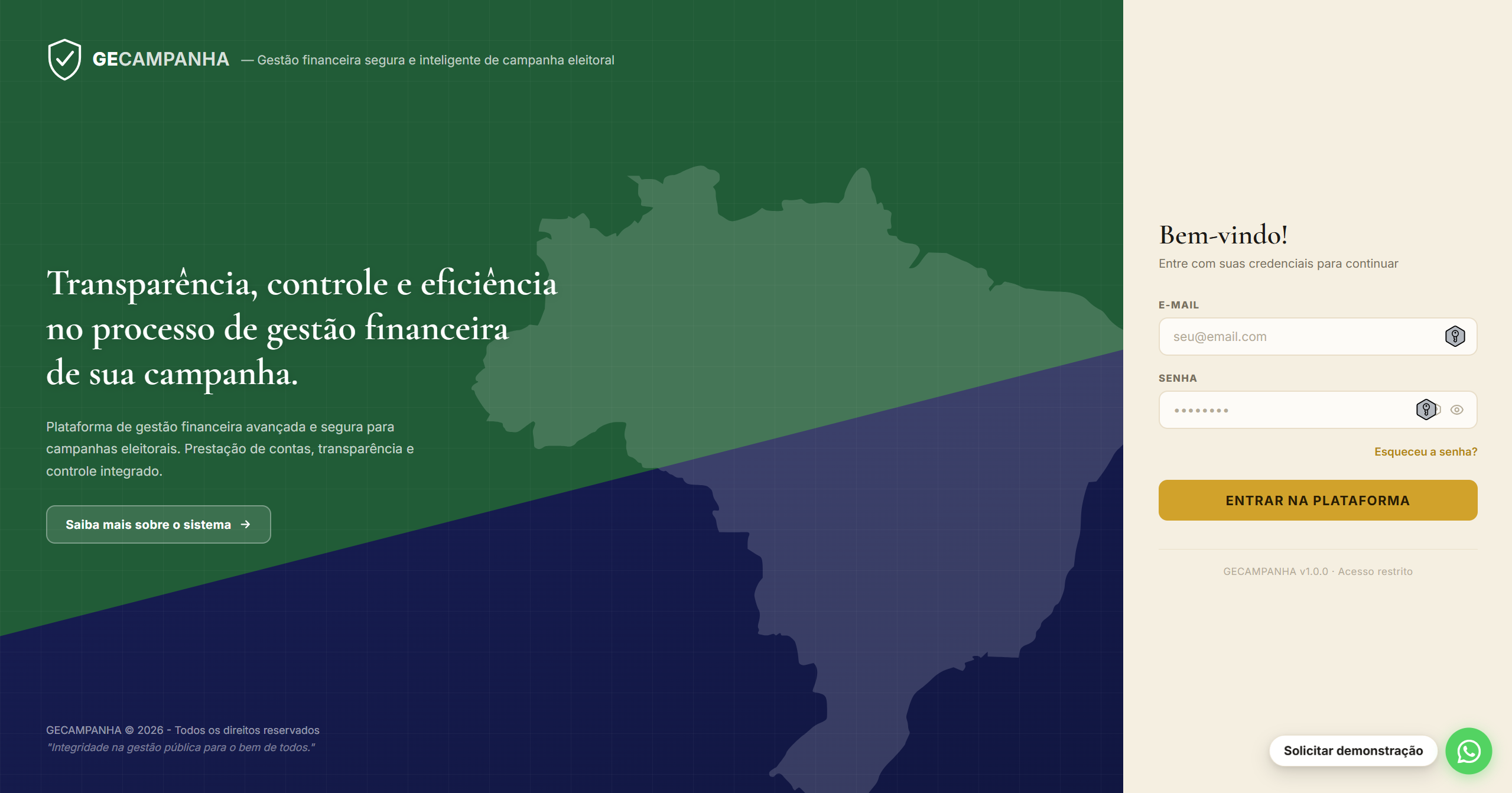 Tela de login do GECAMPANHA, com painel de marca e formulário de acesso